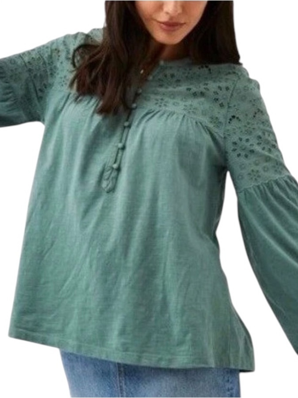 Fat Face Sage Green Eyelet Yoke blouse Top tiny buttons stretchy size large